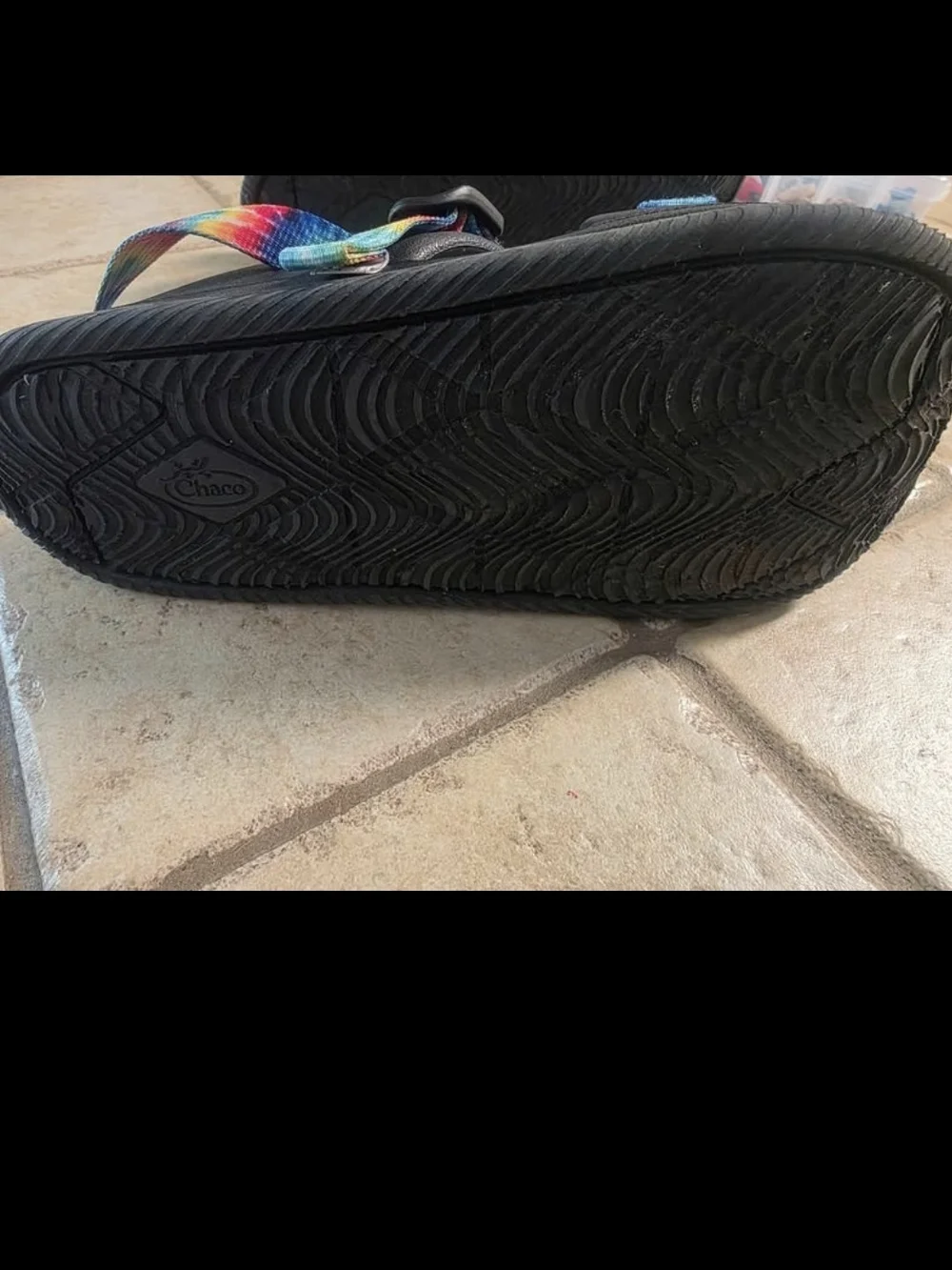 Chaco Kids Black Sandals with Rainbow Tie-Dye Straps